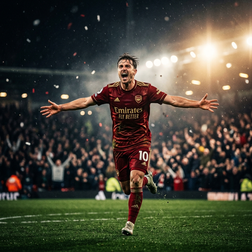 Professional soccer player celebrating a goal with dramatic stadium lighting