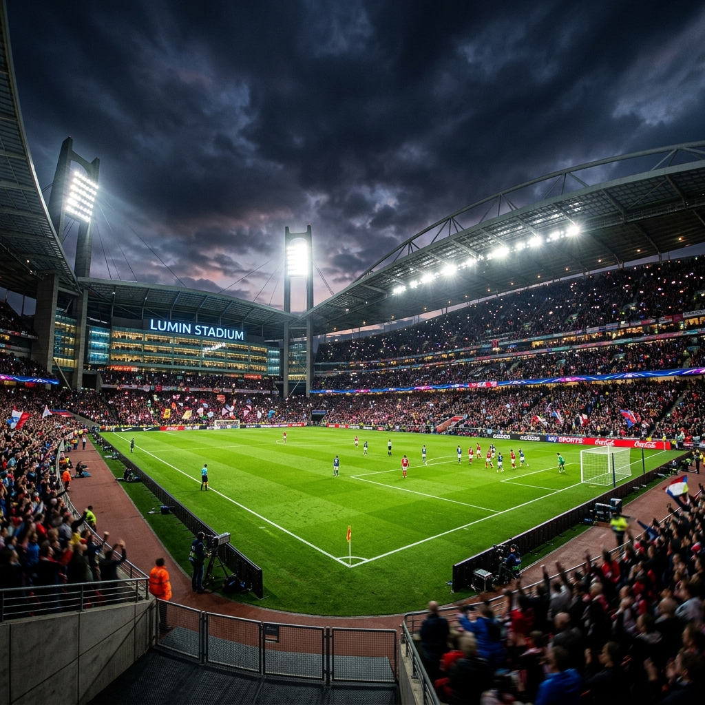 Modern football stadium at night under bright floodlights