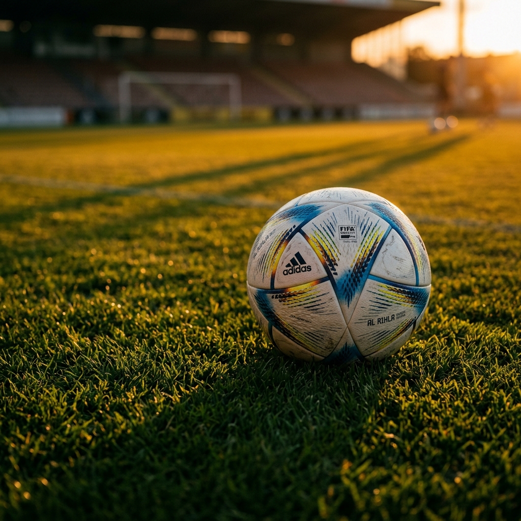 Close-up of a soccer ball on a lush green field during golden hour
